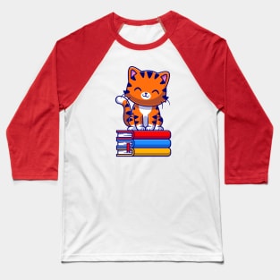 Cute Cat Sitting On Book Cartoon Baseball T-Shirt